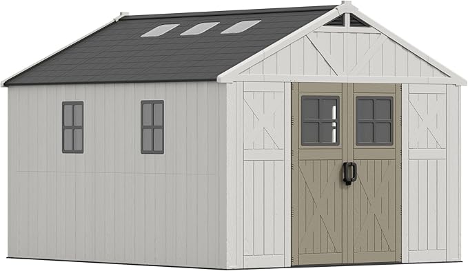 Devoko 10x12 FT Resin Outdoor Storage Shed with Floor, Beige | Large Plastic Garden Shed with Windows & Lockable Door, Multipurpose Tool Storage Shed for Patio Backyard Lawn