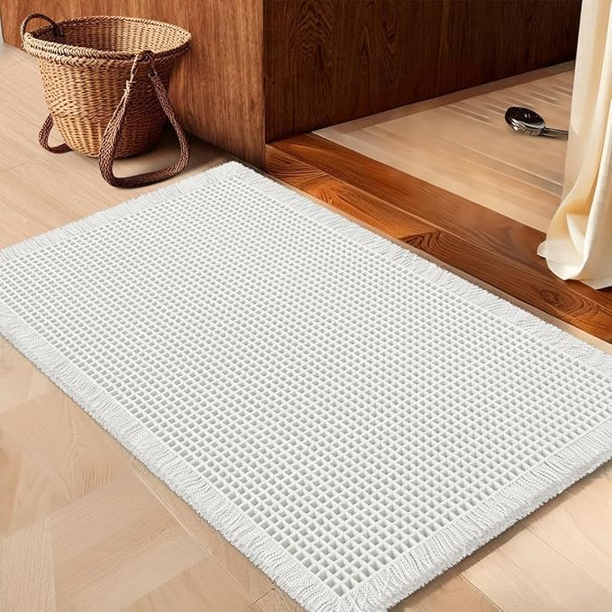 IM HOME Waffle Bath Mat White 32"x20", Boho Woven Modern Bath Mat Rugs, Absorbent Non Slip Bathroom Rugs, Soft Washable Bath Rugs with Tassels for Bathroom, Bedroom, Kitchen, Shower, Tub
