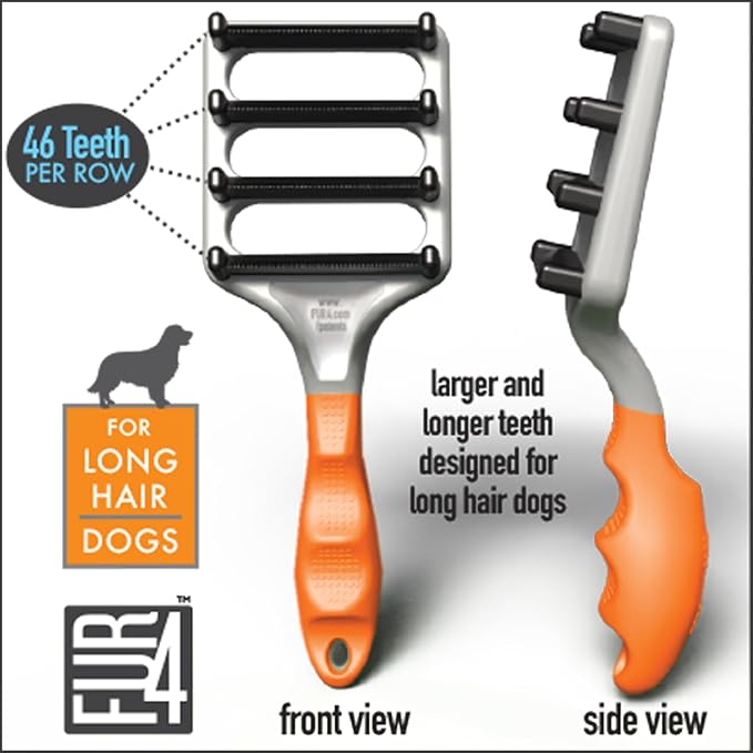 FUR4 deShedding Dog Brush for Long Hair Dogs – Pet Hair Brush with 4 Carbon Fiber Edges – deShedding Tool Removes Loose Fur – Gentle & Effective Dog Grooming Brush for Shedding