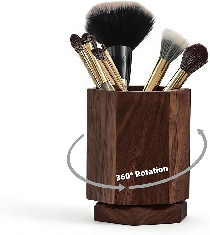 Black Walnut Hexagonal Makeup Brush Holder Makeup Organizer for Vanity 360 Rotating Organizer for Cosmetic Brush & Pen Organizer, Pens Holder, Stationery & Kitchen Utensils Solid Wood
