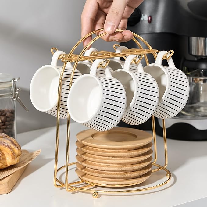 LUKA Ceramic Coffee Espresso Cups with Saucers Set with Metal Holder, 4.4 oz Porcelain Demitasse Cups For Tea, Espresso, Latte, Coffee, Cafe Mocha, Set of 6, White