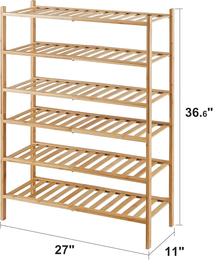 viewcare 6-Tier Bamboo Shoe Rack for Entryway, Stackable | Foldable | Natural, Shoe Organizer for Hallway Closet, Free Standing Shoe Racks for Indoor Outdoor