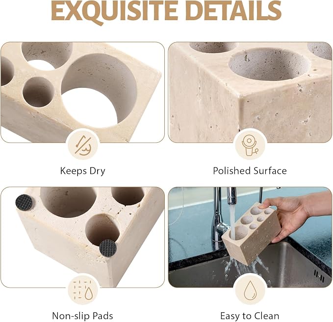 BCS Travertine Toothbrush Holder for Bathrooms, 6 Slots Open-Bottom Marble Toothbrush Organizer, Makeup Brush Stand Toothbrush Storage Collection for Bathroom Countertop Vanity Organization - Beige