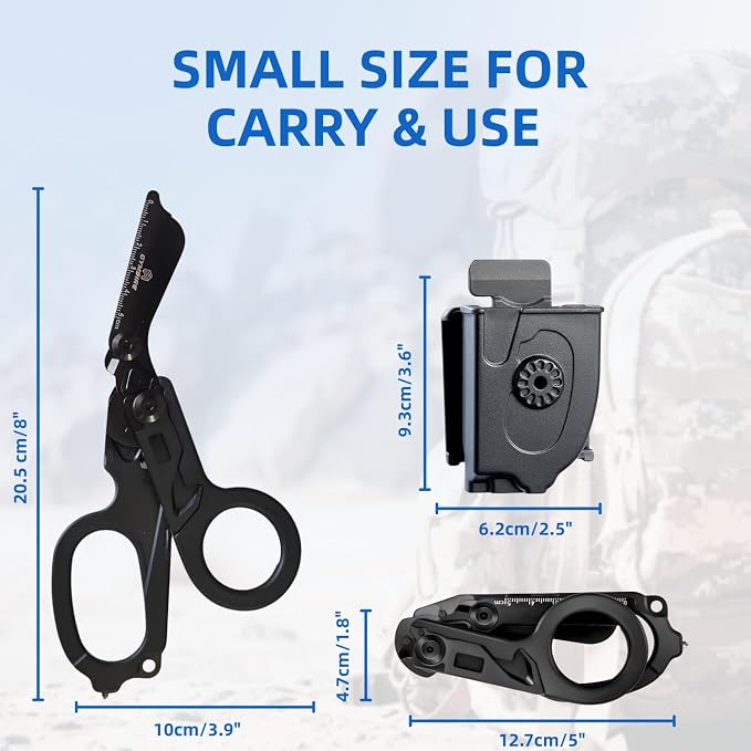 Heavy Duty 6 in 1 Multifunctional Trauma Shears Foldable | Stainless Steel Emergency Response Scissors | Survival Shears With Holster | Medical Trauma Shears Tactical With Strap Cutter | Matte Black