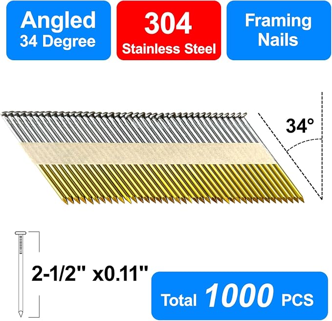 34-30 Degree 2-1/2 Inch Smooth Shank Paper Framing Nails,1000-Pack | 304 Stainless Steel D Head Tape Strip Nails for 30 to 34 Degree Framing Nailer,Fits Indoor and Outdoor Building Projects