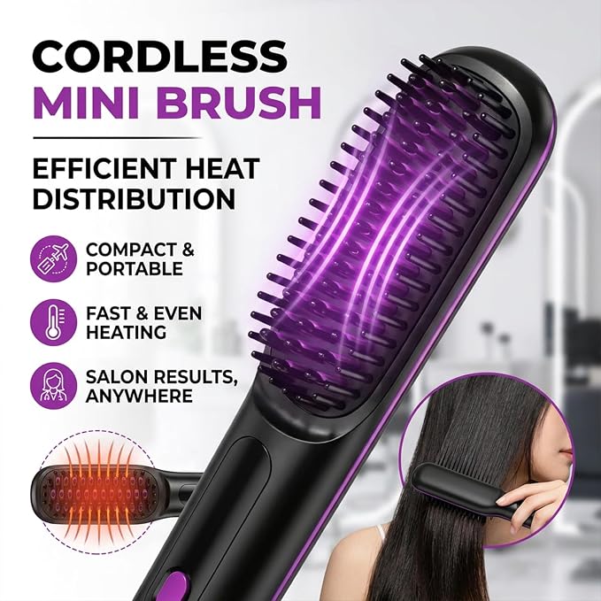 Hair Brush for Short Hair, Straightener Brushs for Travel (Purple) | LCD Temperature Display, Fast Heating Cordless Mini Hair Brushs