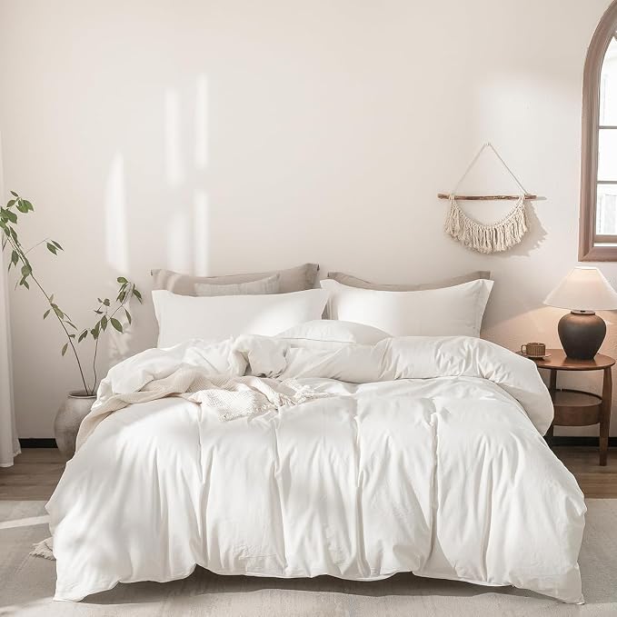 Off White Duvet Cover Oversize Queen Size 100% Washed Cotton Bedding Set Cover 1 Duvet Cover Zipper Closure and 2 Pillowcases, 98inch x 98inch