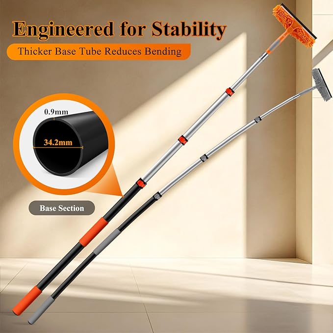 20ft High Reach Window Squeegee with 12ft Heavy-Duty Extension Pole, 2-in-1 Telescopic Window Washer & Squeegee, Washable Streak-Free Window Cleaning Kit for Indoor/Outdoor High Windows