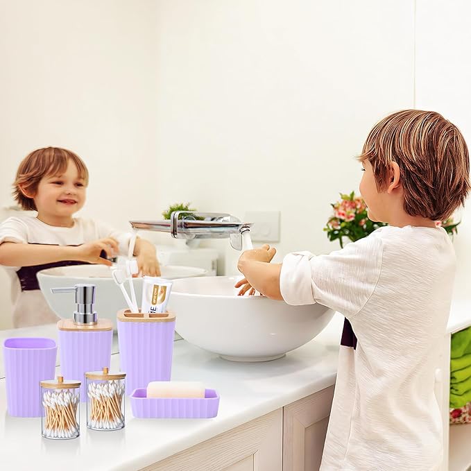 XLHOMO Purple Bathroom Accessory Set, Light Purple Bathroom Set with Trash Can, Tray, Toothbrush Holder,Toothbrush Cup,Soap Dispenser,Soap Dish,Toilet Brush and Qtip Holders