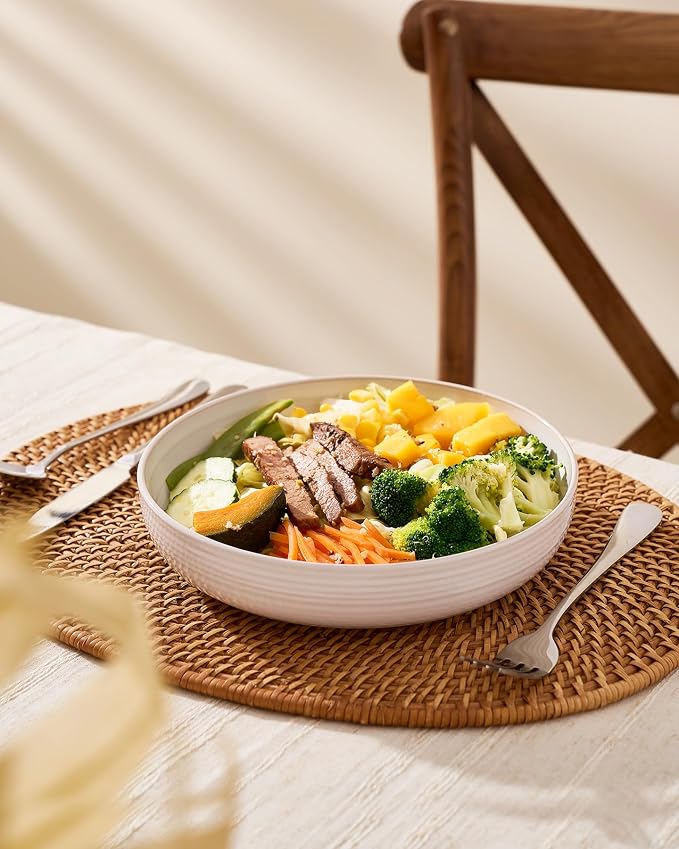 famiware Milkyway 33 oz Bowl Set, Pasta Bowls Set of 6, Salad Bowls, Double Reactive Glaze, Sturdy & Stackable, Ideal for Housewarming, Festivals, White Thread