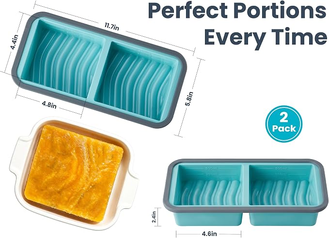 2 Cup Silicone Freezer Trays with Lid, Meal Prep Containers-2-Pack | Food Grade Silicone, BPA-free, Food Freezer Mold for Soup, Stew, Sauce, Leftovers, Reinforced Alloy Frame, Dishwasher Safe