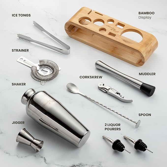 Mixology & Craft Cocktail Shaker Set with Bamboo Stand - Professional10-Piece Bartender Kit, Complete Bar Set for Home Use with Jigger, Muddler, Strainer, Spoon, Pourers & Corkscrew (Silver)