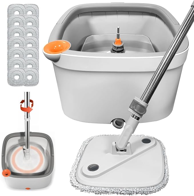 Spin Mop and Bucket with M16 Self Separation Dirty and Clean Water System, Self Wringing 360° Rotating Clean Mop-Head and Bucket Set for Hardwood Tile Marble Floors with 14Pads-Grey