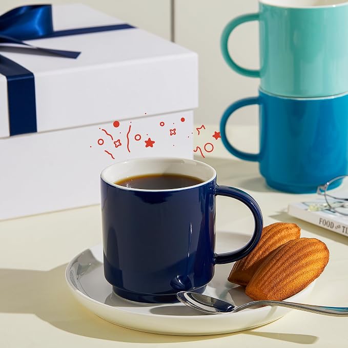 Sweese Stackable Coffee Mugs - 10 Oz Porcelain Cups for Specialty Coffee Drinks, Cappuccino, Cafe Mocha, Latte and tea, Set of 6, Cool Assorted Colors