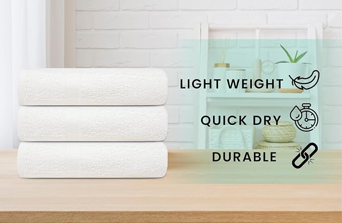 ZUPERIA White Bath Towels Bulk 12 Pack (20 x 40 Inches) - 100% Cotton Economy Light Weight Towels for Commercial Use - Quick Dry, Ultra-Soft, and Absorbent Bulk Towels
