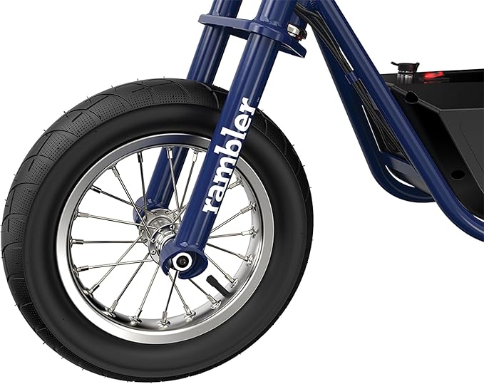 Razor Rambler 12 Electric Retro Mini Bike Ride for Teens Ages 13+, 170 lb Max Weight, Dark Blue – 250W Motor, Up to 14 Mph, 40-Min Run Time, Twist-Grip Throttle, Spoked Wheels w/ 12” Pneumatic Tires