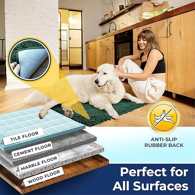 Muddy Mat® | Chenille Bathroom Rugs Quick Dry Microfiber Mats Non Slip Washable, Extra Thick, Soft and Highly Absorbent Bath Mats for Bathroom, Kitchen, and Shower Floor - Dark Green 24"x59"