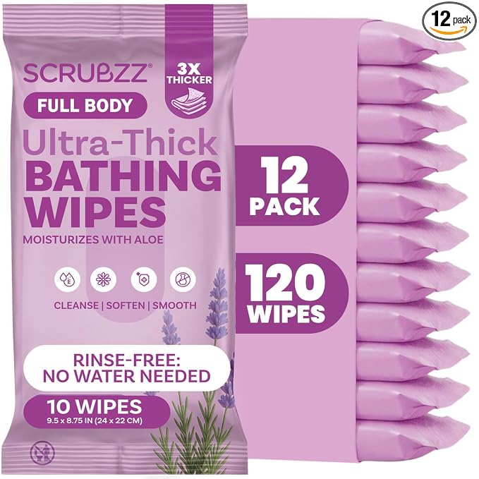Extra Large Body Wipes for Adults Bathing No Rinse - 120 Ultra Thick Disposable Shower Wipes for Men, Women & Elderly - Great for Gym, Camping, Post Surgery - Lavender