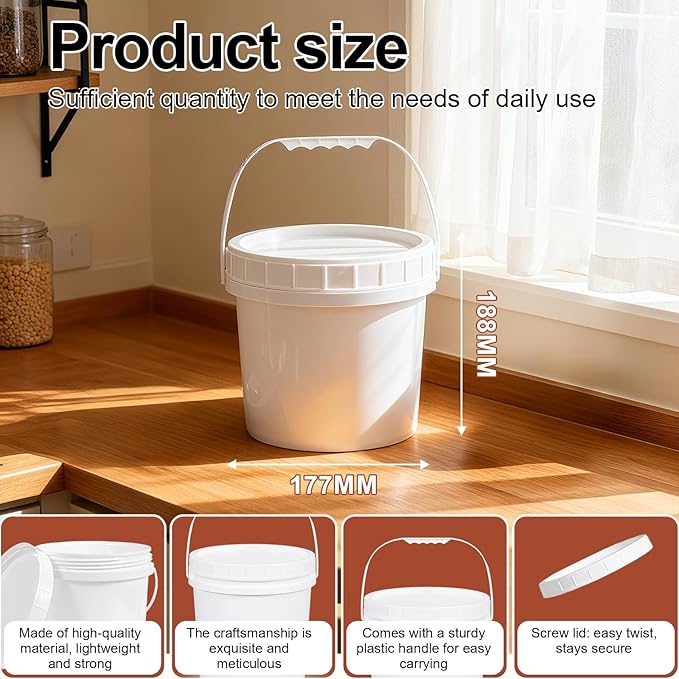 6 Pack 1 Gallon Plastic Buckets with Screw Lids & Handle, Food Grade Storage Containers for Kitchen, Freezer - Reusable White Plastic Bucket Set (White, 6pack 1Gal)