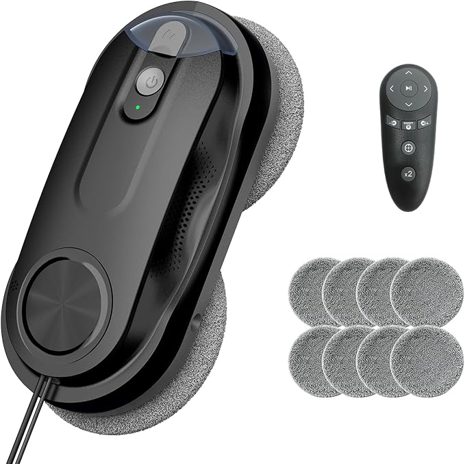 KKI Window Cleaning Robot, Automatic Window Cleaner Robot, Dual Spray, Max 3200Pa, AI Path Planning & Edge Detection, Remote Control for High-Rise Windows, Indoor/Outside,8Cloths