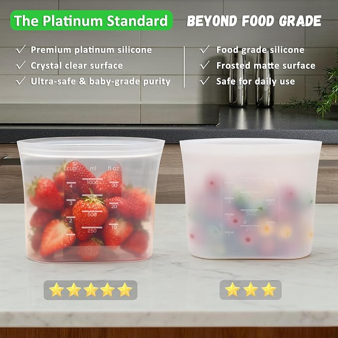 100% Platinum Silicone Reusable Food Storage Bags, 4 Pack, 34fl.oz/1000ml | Premium Silicone Reusable Storage Bag, Stand-Up Wide-Mouth Ziplock, Small Size, Freezer Microwave Dishwasher Safe, Clear