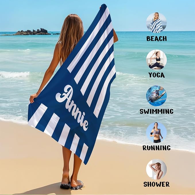 JML Personalized Beach Towel with Name, Custom Cabana Stripe Beach Towel, Customized Microfiber Pool Towel, Quick Dry & Absorbent Swim Towel for Adult,Mother's Day, Birthday, Summer Holiday,Vacation