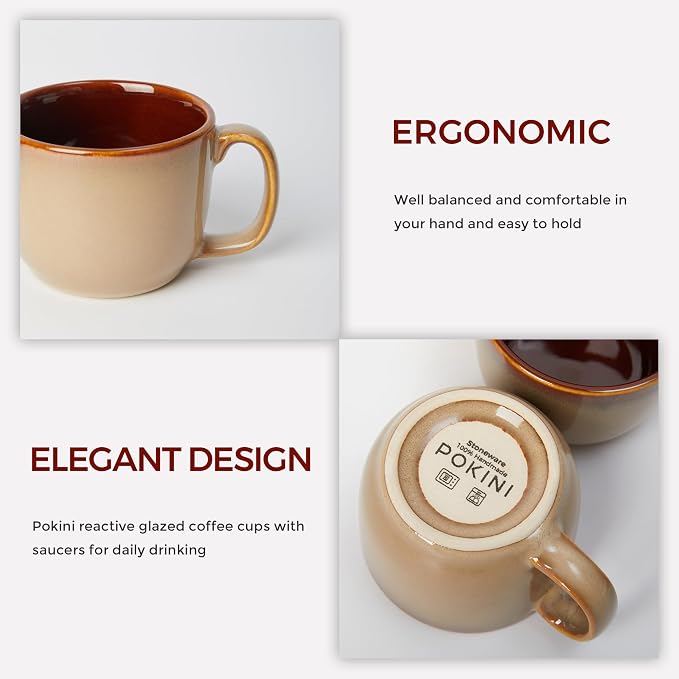 Pokini Stoneware Coffee Cups with Saucers, 6 Oz Cappuccino Cups Set of 4, Microwave & Dishwasher Safe, Perfect For Tea, Espresso, Latte, Ceramic Mugs for Kitchen or Cafe, Brown Yellow
