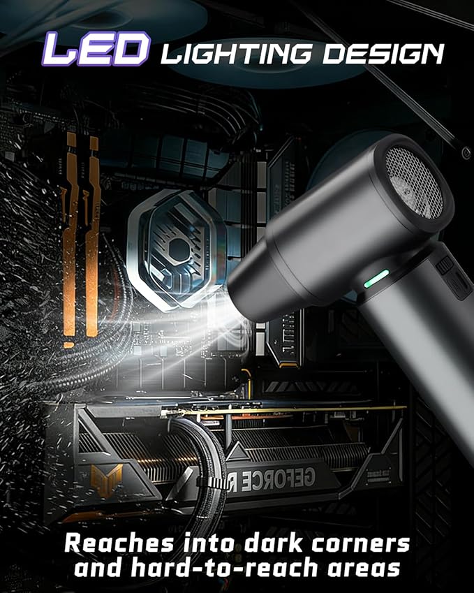 Electric Compressed Air Duster Rechargeale, 300000 RPM Duster Blower with LED Light, 3-Gear Adjustable PC Duster for Keyboard, Metal Air Blower for Car Detailing, Pet Car Drying, House Cleaning