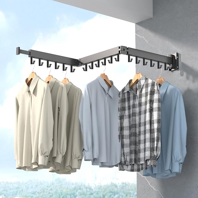 ZdwCyl Clothes Drying Rack Wall Mounted,Laundry Rack Wall Wount,Drying Rack Clothing for Laundry,Retractable Dryer Racks,Wall Mounted Drying Rack Collapsible, Black, Sandy Coating,3z-b01