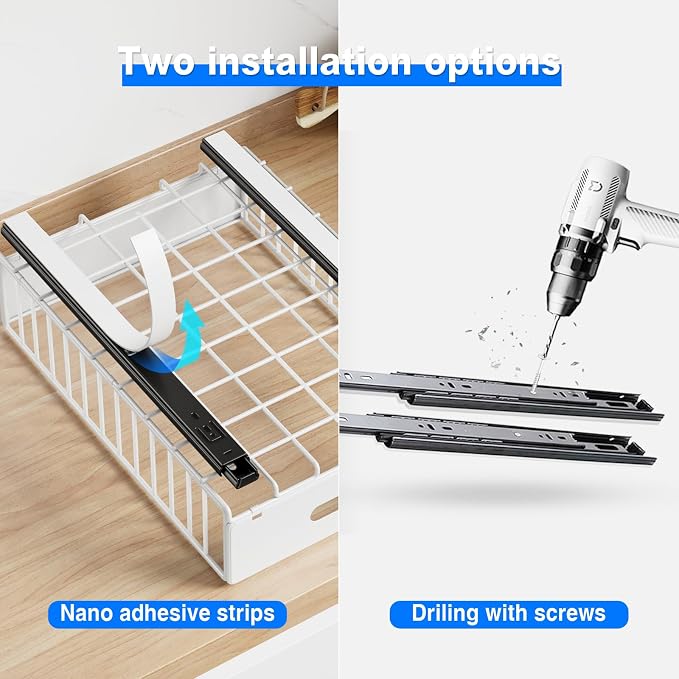 MUSTORN 2 Pack Pull Out Cabinet Organizer, Slide Out Cabinet Drawers Peel and Stick Pull Out Drawers Heavy Duty Pull Out Shelf for Kitchen, Cupboard, Pantry, Bathroom (16.5" D*11.8" W*3.94" H-White)