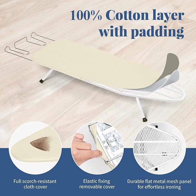 Mini Ironing Board with Iron Rest 32"x12" Ivory | BlissBoard Small Foldable Tabletop Compact Iron Table, Heat Resistant Cover for Dorms, Apartment and Travel