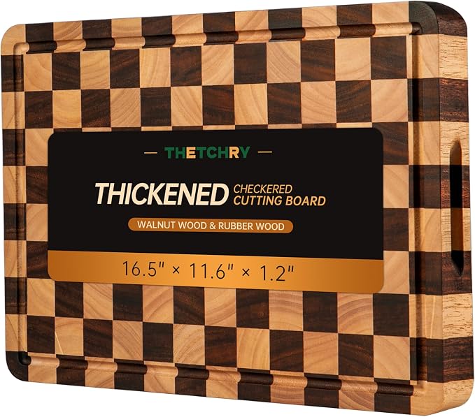 Cutting Boards for Kitchen, Checkered Cutting Board, 1.2" Thick | 16.5" x 11.6" Walnut Wood Chopping Board with Juice Groove&Handle, Double-sided Butcher Block for Prep&Serving with Gift Box