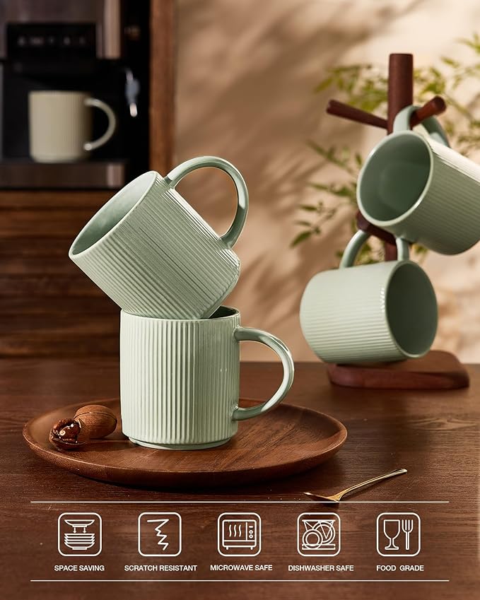 famiware Coffee Mug Set for 4, Star 16 oz Catering Mugs Cup Set with Handle for Coffee, Tea, Cocoa, Milk - Ceramic Stoneware Drinkware Set, Matte Green