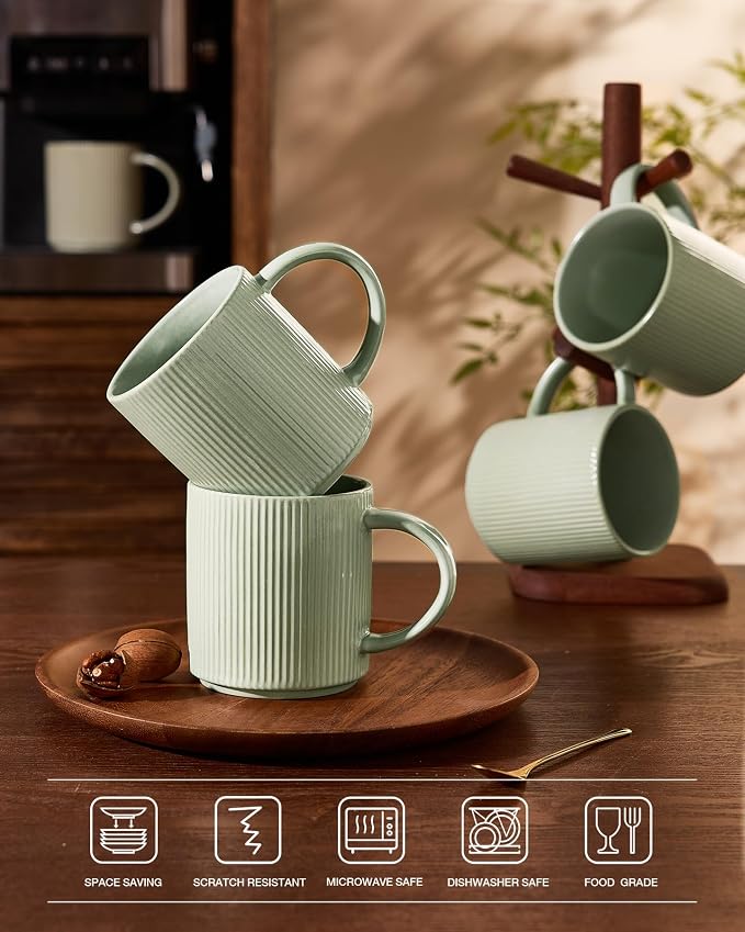 famiware Coffee Mug Set for 8, Star 16 oz Catering Mugs Cup Set with Handle for Coffee, Tea, Cocoa, Milk - Ceramic Stoneware Drinkware Set, Matte Green