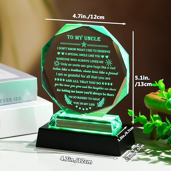 YWHL Meaningful Gifts for Uncle from Niece Nephew with Colorful LED Base, Fathers Day Birthday Gifts for Uncles Crystal Keepsake Present Best Uncle Ever Gifts on Christmas Thanksgiving Day