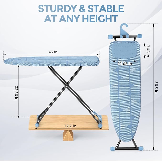 APEXCHASER Ironing Board with Iron Rest, Compact and Space Saver Iron Board, Extra Thick Cover, Height Adjustable, Wall Mount & Closet Hanger 13x43 Blue