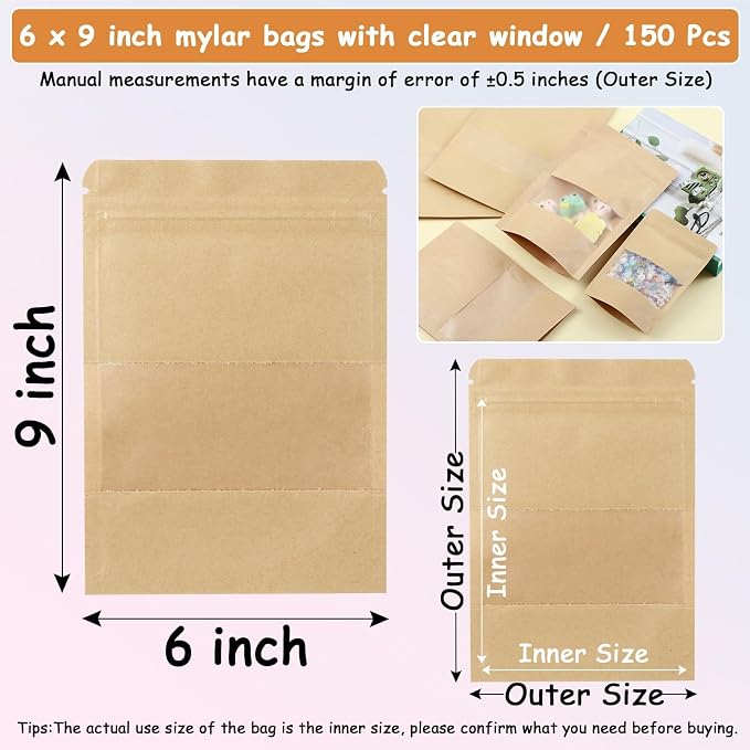 150 Kraft Mylar Bags for Food Storage 6X9 Mylar Bags with Window Candy Packaging Resealable Bags Reclosable Small Stand Up Pouches Edible Packaging, Kraft Paper Bags for Small Business