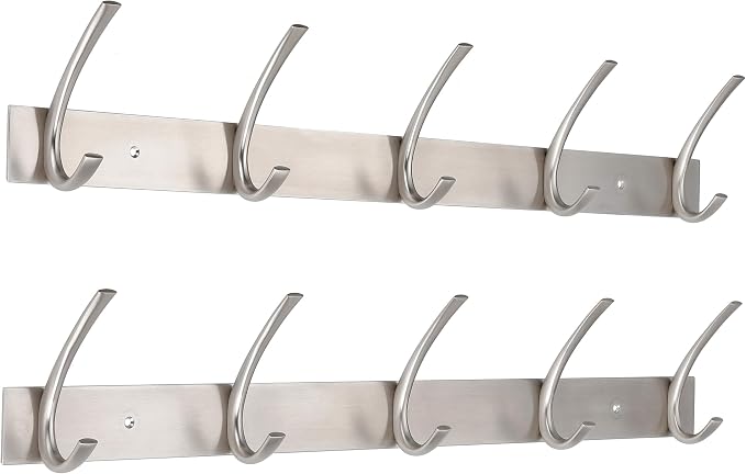 BIRDROCK HOME Premium 5-Hook Stainless Steel Coat and Hat Rack for Wall - Set of 2 - Front Door Organizer - Mounted Hanger for Jackets, Clothes, Hats, Towel - Silver Dual Hooks - Brushed Nickel Finish