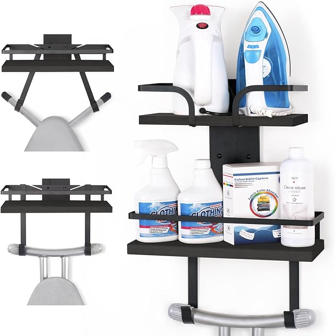 VINAEMO Ironing Board Hanger Wall Mount, 2-Layer Iron and Ironing Board Holder, Laundry Room Shelves Solid Wood with Removable Hooks Home Organization and Storage