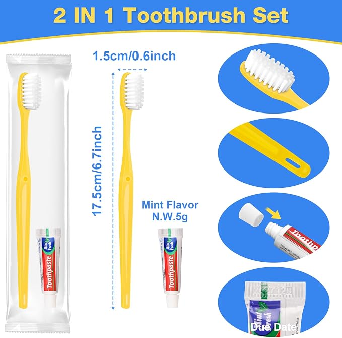 Disposable Toothbrushes with Toothpaste 200 Pack, Travel Size Toothbrush and Toothpaste Set, Bulk Tooth Brush Tooth Paste Kit, Individually Wrapped Travel Toiletries for Homeless, Hotel