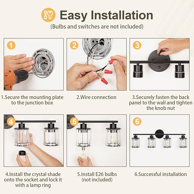 Crystal Bathroom Light Fixtures, Bathroom Lighting Fixtures Over Mirror, Modern 4-Light Gold Vanity Lights for Mirror, Restroom, Kitchen(Ceramic E26 Socket,Bulbs Not Include)