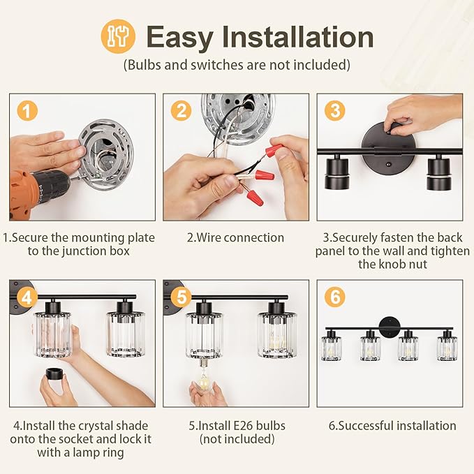 Crystal Bathroom Light Fixtures, Bathroom Lighting Fixtures Over Mirror, Modern Black 4-Light Vanity Lights for Mirror, Restroom, Bedroom (Ceramic E26 Socket,Bulbs Not Include)