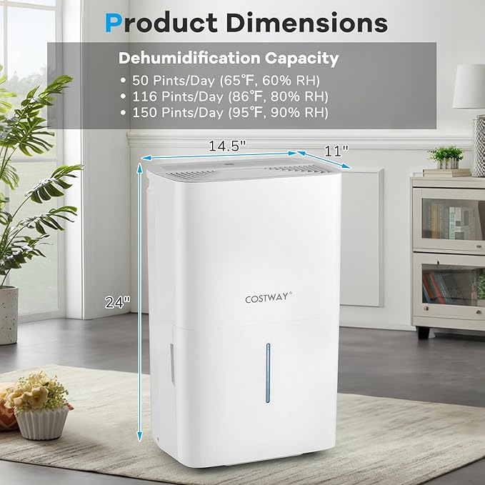 COSTWAY 150 Pints Dehumidifier with Pump, 7000 Sq.Ft Portable Home Dehumidifier for Basements with 2 Modes & 3 Fan Speeds, 2.4 Gallon Tank,16.4 FT Pump Drain Hose