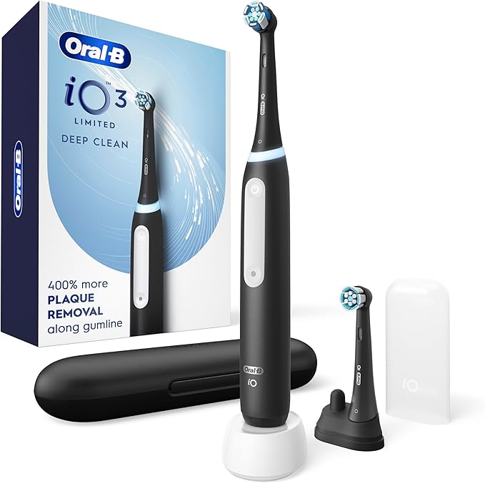 Oral-B iO Series 3 Limited Deep Clean Rechargeable Electric Toothbrush for Adults, Black, 3 Modes, Smart Pressure Sensor, Plaque Removal and Gum Care, 2 Replacement Brush Heads, Travel Case