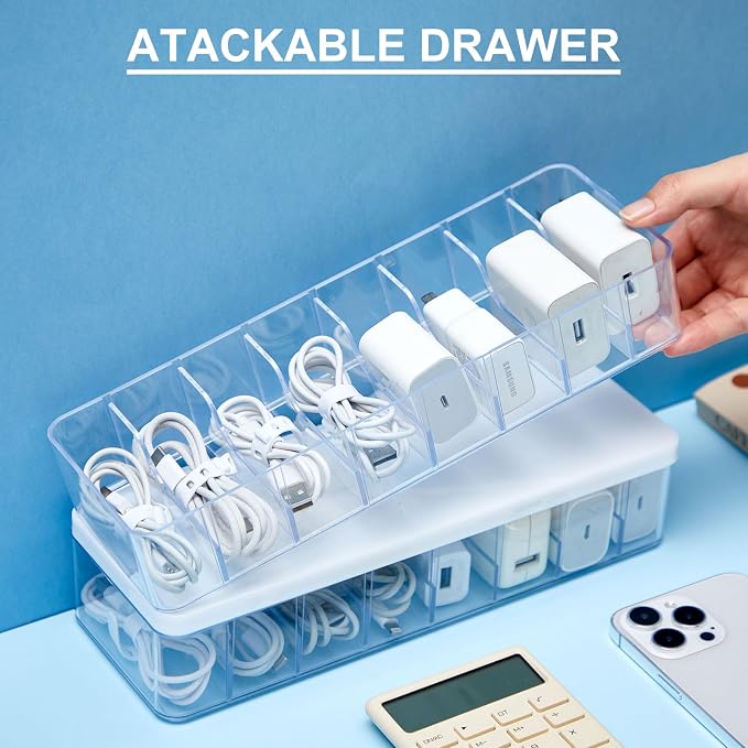 Tatuo 4 Pcs Cable Organizer Box with Wire Ties, Plastic Cord Storage Box with Lid, Electronics Organizer for Home Office Desk Organizers and Accessories (Clear,White)