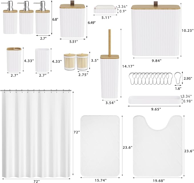 Bathroom Accessory Set - White Bathroom Set, 27PC Bathroom Accessories Set, Bathroom Sets with Shower Curtain and Rugs, Mini Trash Can, Toilet Brush, Trash Can & Soap Dispenser