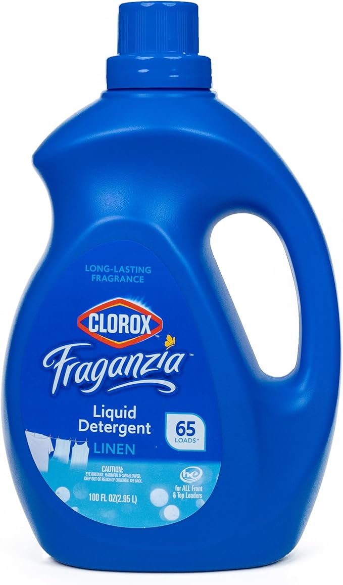 Clorox Fraganzia Liquid Laundry Detergent with Long-Lasting Linen Scent, High Efficiency Formula, 65 Loads per Bottle, All Washers, Fresh Fragrance, 100 Fl Oz