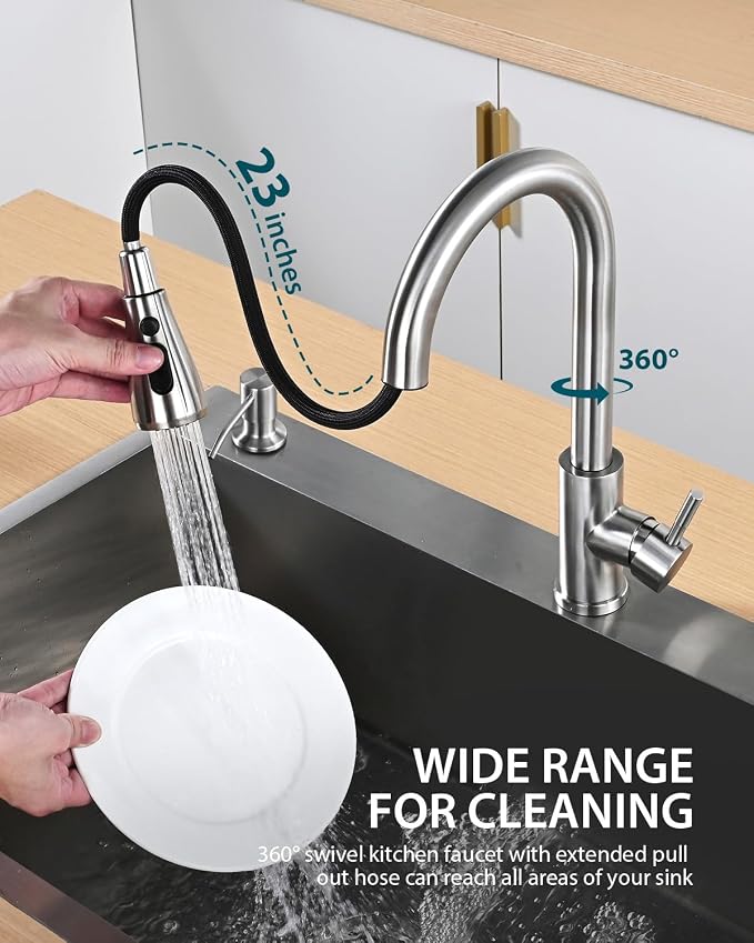 Kitchen Faucet with Soap Dispenser, Hiqufet Brushed Nickel Kitchen Faucet with Pull Down Sprayer, 3 Mode High Arc Single Handle RV Bar Sink Faucets for Pot Filler, Farmhouse Camper Bar Laundry Room