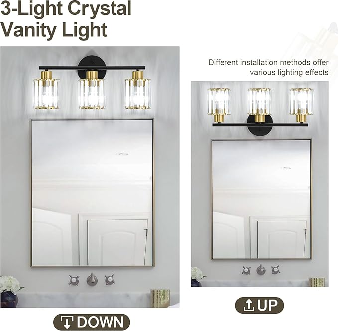 Crystal Bathroom Light Fixtures, Bathroom Lighting Fixtures Over Mirror, Modern Black Gold 3-Light Vanity Lights for Mirror, Restroom, Bedroom (Ceramic E26 Socket,Bulbs Not Include)