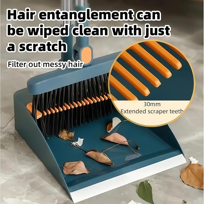 Broom and Dustpan Set, Long Handle Standing Broom with Self-Cleaning Comb Teeth, Heavy Duty Broom Dustpan Combo for Home Kitchen Office Floor Pet Hair Cleaning (Blue)